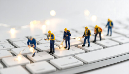 Miniature Workers Repairing Illuminated Keyboard Keys