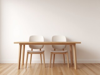 Minimalist dining setting light wood table with two white chairs against a plain white wall