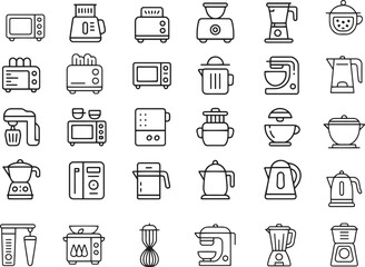 Kitchen Line Icons Set. Cooking, Utensils, Appliances, Food Preparation. Editable Stroke. Vector Illustration