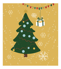 Whimsical Merry Christmas Illustration with Decorated Tree and Snowflakes-03