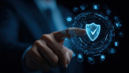 A hand points at a glowing shield icon surrounded by data symbols