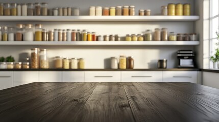 Sunlit kitchen with dark wood table, white cabinets, and open shelving filled with various glass jars of spices and grains