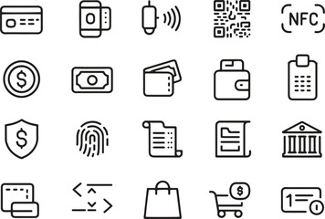 Payment Methods Line Icons Set. Credit Card, Mobile Payment, Wallet, Transaction. Vector Illustration. Editable Stroke
