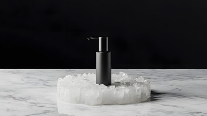 Black dispenser bottle on fluffy white surface