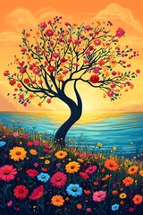 Vibrant blooming tree by the sea at sunset.