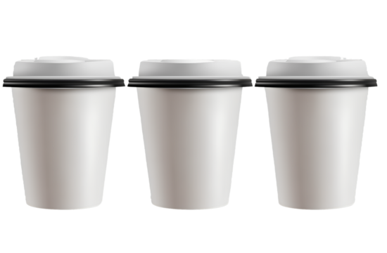 3 white paper coffee cups with plastic lids, transparent background, PNG file, PNG format  - Powered by Adobe