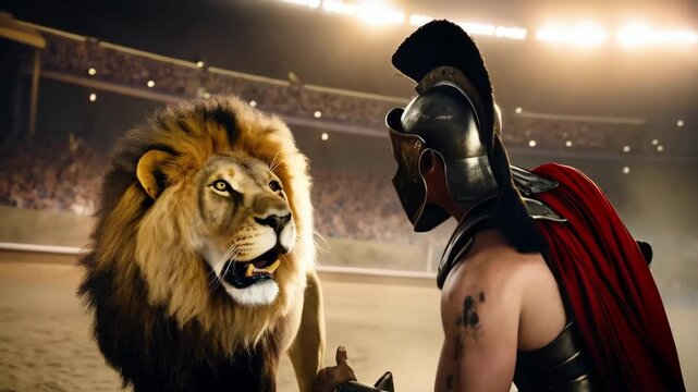 Chariot Warrior Faces a Majestic Lion in Dusty Arena Lighted by Stadium Floodlights During a Historical Confrontation