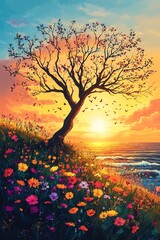 Ultradetailed cartoon illustration of a barren tree silhouette standing on grassy field