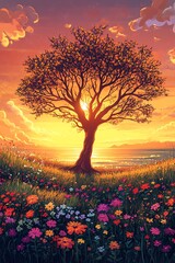 Ultradetailed cartoon illustration of a barren tree silhouette standing on grassy field