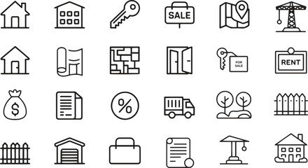Real Estate Line Icons Set. Property, Rent, Sale, Investment. Vector Illustration. Editable Stroke