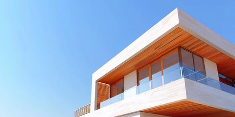 Fototapeta premium ideas for sustainable buildings. A contemporary structure featuring timber details set against a clear blue sky, Generative AI.