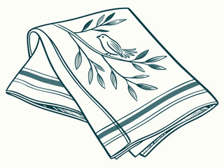 Illustration of a folded tea towel with bird and branch design isolated 