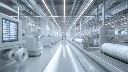 Modern, clean textile factory interior; rows of automated machinery process large spools of fiber, illuminated by bright linear lights