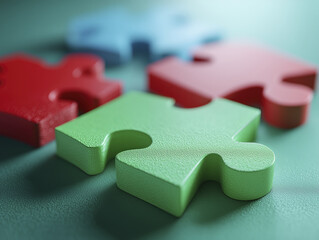Puzzle pieces in red, blue, and green rest invitingly, suggesting connection, completion, and satisfying joy of finding right fit