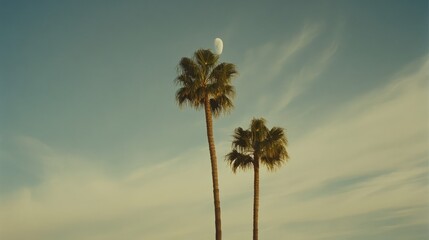 Two tall palm trees stand side-by-side against a muted sky, a crescent moon visible above