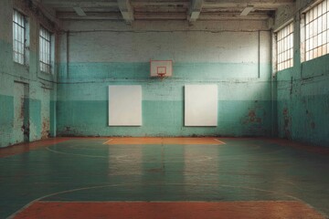 A dilapidated indoor basketball court with teal walls, peeling paint, two blank canvases, and a hoop. Sunlight streams in through aged windows