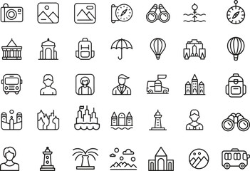 Sightseeing Trip Line Icons Set. Landmarks, Travel, Exploration, Adventure. Vector Illustration. Editable Stroke