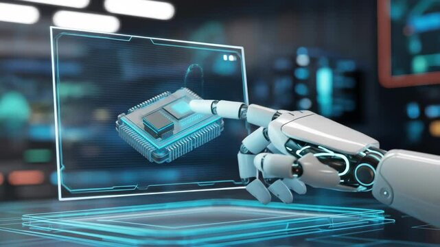 Futuristic robot arm interacting with a digital computer chip display highlighting modern technology and innovation