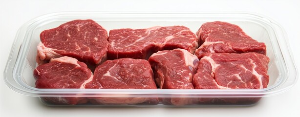 Fresh Cut Steaks: A close-up shot of fresh cut steaks in a plastic container, showcasing the rich red color and marbling of premium cuts ready for preparation.