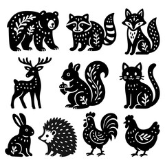 Abstract rustic folk shapes with animals. Ethnic folk stickers in scandinavian style. Boho animals silhouettes and floral patterns, doodle Scandinavian folk textile