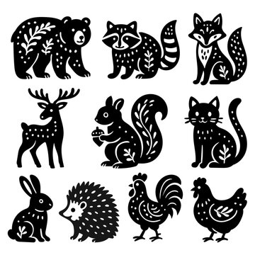 Fototapeta Abstract rustic folk shapes with animals. Ethnic folk stickers in scandinavian style. Boho animals silhouettes and floral patterns, doodle Scandinavian folk textile