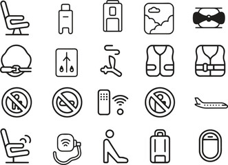 Airline Safety and Comfort Thin Line Icons Set. Seatbelt, Cabin Crew, In-Flight Service. Vector Illustration. Editable Stroke