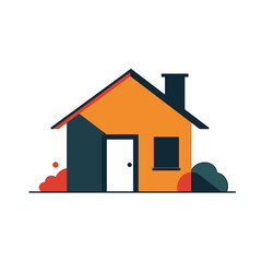 Stylized Minimalist House Illustration with Orange Roof, White Door, and Dark Blue Walls, surrounded by abstract plants