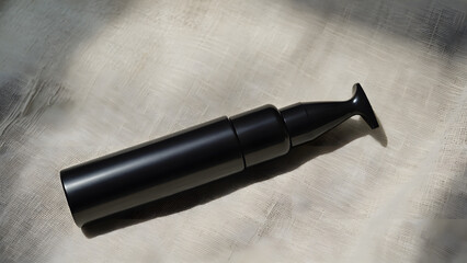 Black airless pump bottle on textured beige fabric