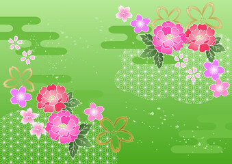 和風の花柄背景ベクター素材 牡丹・桜 黄緑