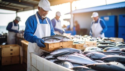 Fishermen sorting fresh catch