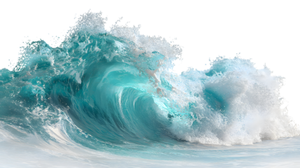 Dynamic ocean wave cresting and breaking showcasing a transparent turquoise water with white foamy spray against a black background