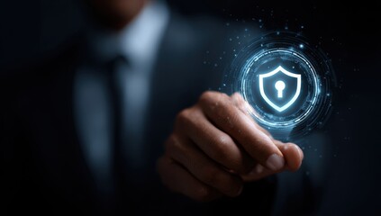 Businessperson touches digital shield graphic