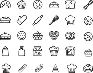 Delicious Bakery And Pastry Line Icons Set. Cakes, Bread, Sweets, Dessert. Editable Stroke. Vector Illustration