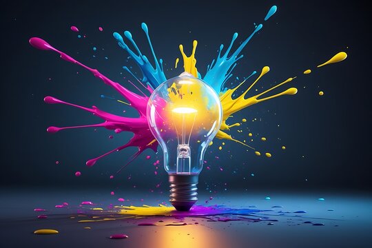 Bright idea lightbulb with cmyk paint splatter