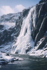 Frozen waterfall cascading down a snowy mountain