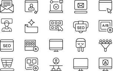 Digital Marketing Thin Line Icons Set. SEO, Social Media, Analytics, Advertising. Editable Stroke. Vector Illustration