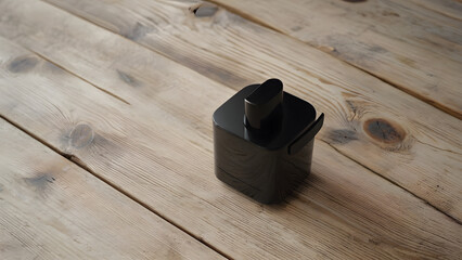 Matte cube-shaped dispenser on wood surface