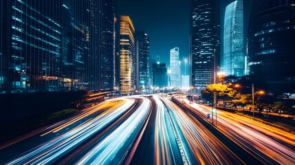 Obraz premium Night city highway traffic light trails skyscrapers