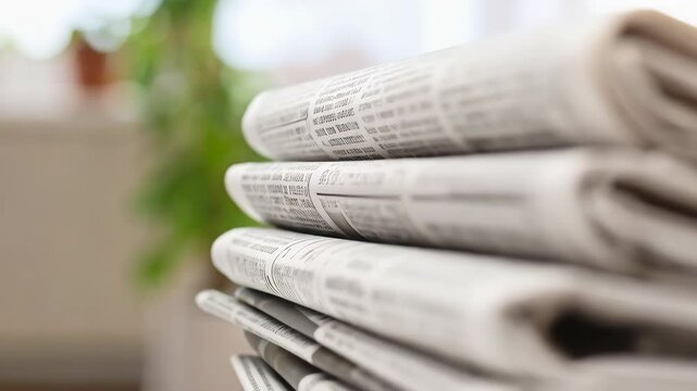 Close-up shot of stacked newspapers on a white surface near a blurred plant pot background, showcasing printed media and daily news concept