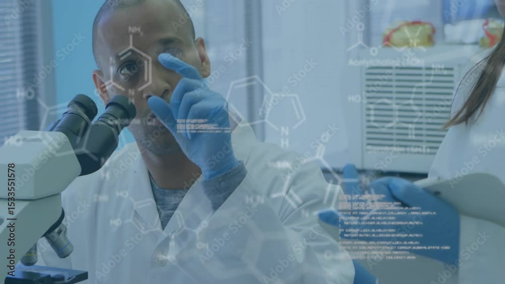 Poster lab scientist focusing microscope and tracing holographic molecule while colleague analyzing tablet