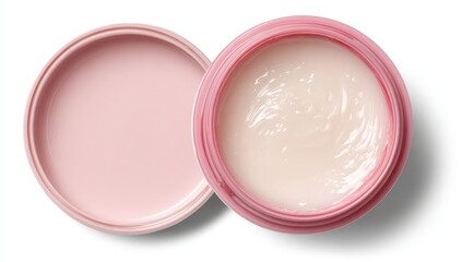 Two open pink cosmetic jars filled with creamy lotion