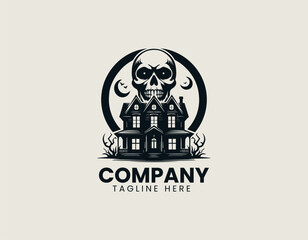 Terrifying Skull Haunted House Of Horror Spooky Fright Night Vector Logo Design