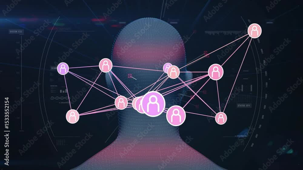 Poster initial pink node appearing on rotating 3d wireframe head mapping user network connections