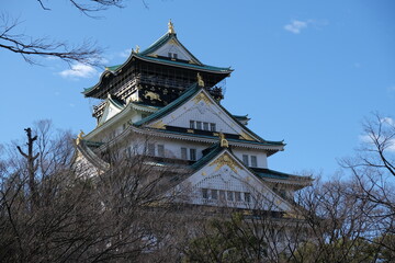 日本、大阪、大阪城、大阪城公园、日本の城、特別史跡、輪郭式平城、天守、庭園、池塘、春、歷史名勝、綠色、風景、青空、写真素材