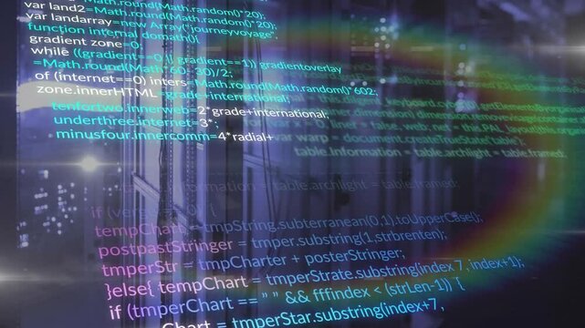 Code lines materializing over server rack and skyline, representing night data processing in motion