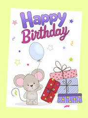 Cute Mouse with Gifts and Balloon Birthday Vector