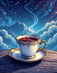 Aromatic Tea in Ornate Cup Night Sky, Mountain View, Pixel Art