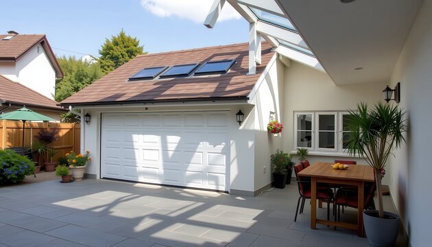 Garage conservation concept. Modern garage with skylights, outdoor dining area and lush greenery enhancing the space.