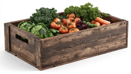 Dark-stained wooden crate overflowing with vibrant, fresh vegetables including tomatoes, carrots, cucumbers, kale, cabbage, and parsley