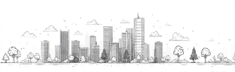 Fototapeta premium Simple sketch of a city skyline, featuring various heights of buildings and small trees, with a few clouds in a minimalist style